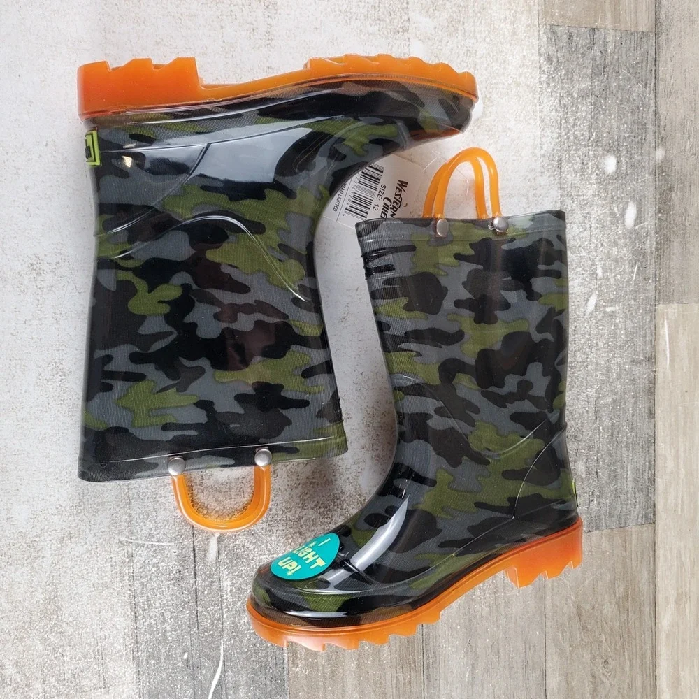 Western Chief Kids Rain Boot Sz 12 Olive Camo Lighted Gray Mid-Top Round Toe